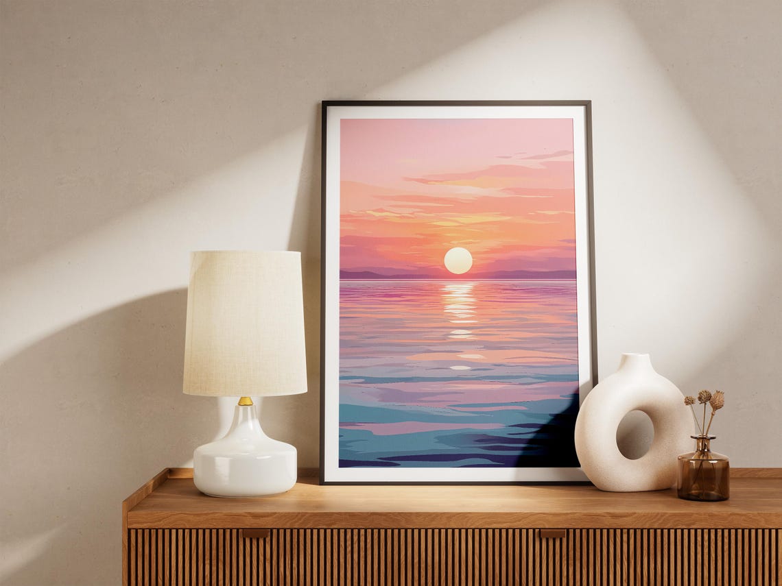 Pink and Orange Sunset Sun Reflecting on a Calm Ocean Sea Poster - Image 5