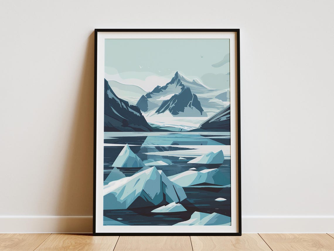 Iceland Glacier Lagoon Icebergs Minimalist Blue Landscape Poster