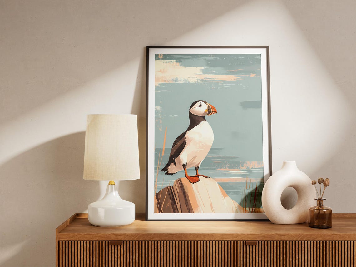 Puffin Perched on a Pale Rock by the Sea Ocean Bird Art Poster - Image 5