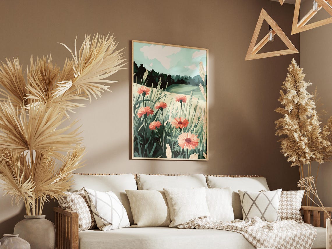 Orange Wildflower Meadow With Distant Rolling Green Hills Poster - Image 3