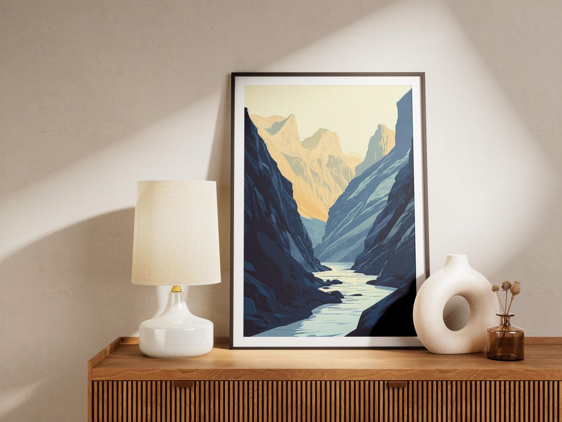 Dramatic Mountain Canyon River Golden Light Minimalist Art Poster - Image 4
