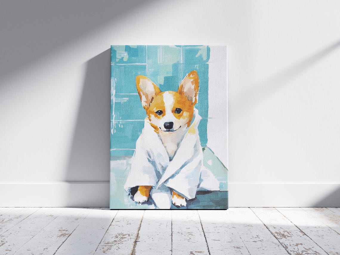 Corgi Puppy Wrapped In White Towel Poster Cute Dog Bathroom Home Decor - Image 2