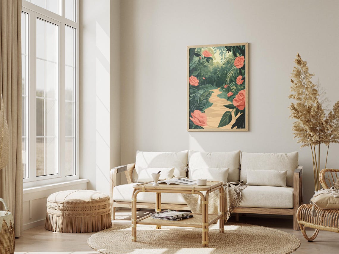 Coral Roses Climbing Along a Lush Forest Path Poster in Pink Garden - Image 4