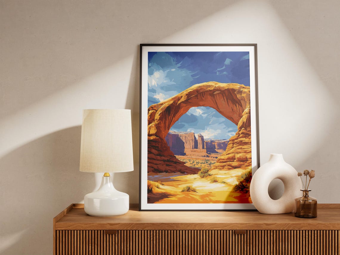 Sandstone Arch Spanning A Desert Canyon Under Blue Sky Poster - Image 4
