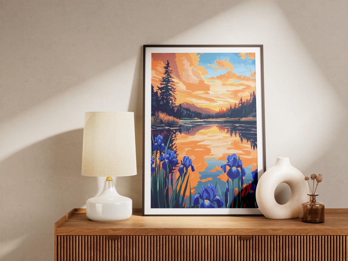 Blue Irises Lake Reflection Sunset Dramatic Landscape Poster - Image 5