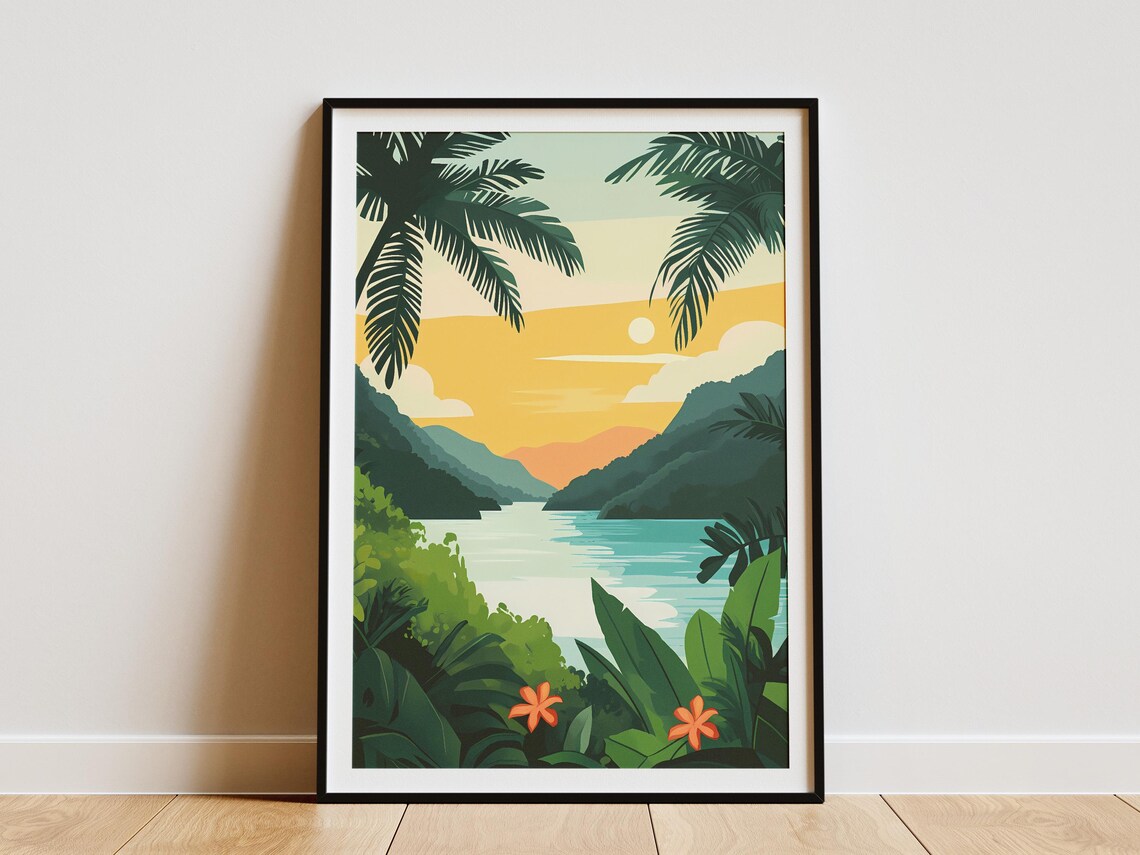 Costa Rica Tropical Jungle Lagoon Sunset Palm Fronds Art Poster