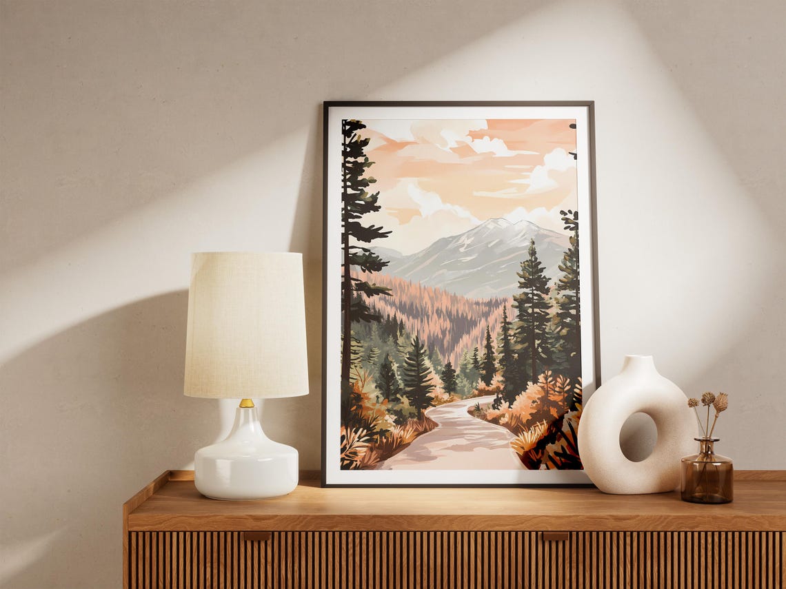 Winding Mountain Road Through Autumn Forest To Snowy Peak Poster - Image 5