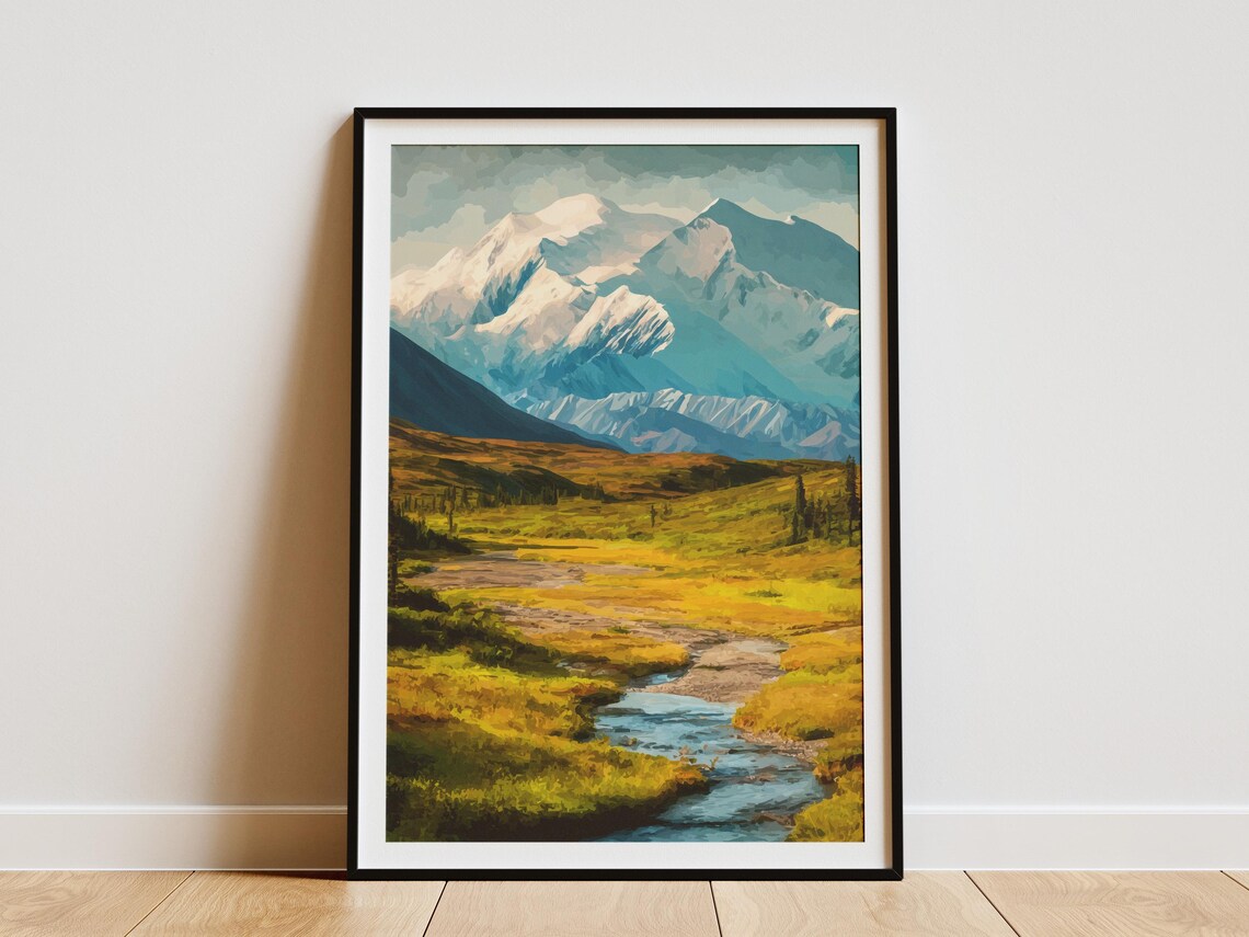 Denali National Park Alaska Vintage Snowy Mountain Travel Poster