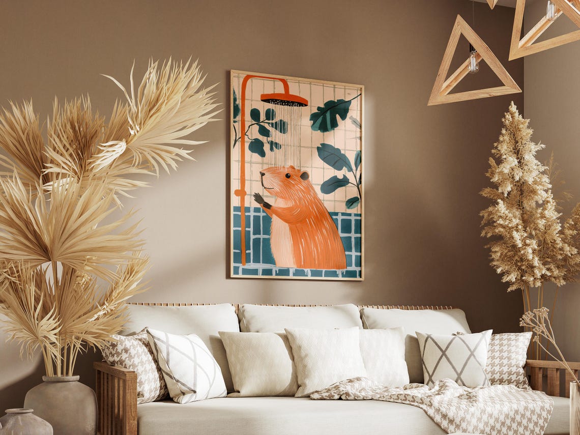 Capybara Under Shower Teal Orange Bathroom Funny Animal Poster - Image 3