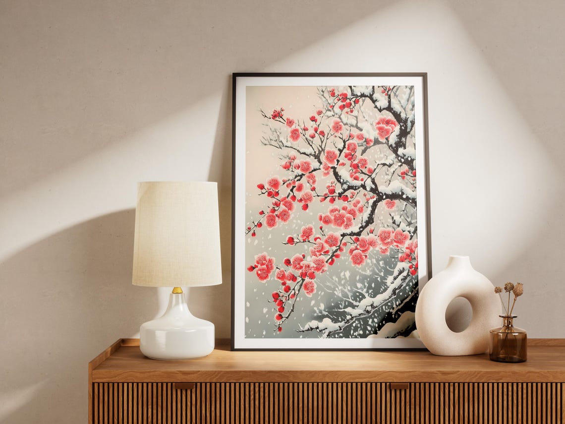 Red Plum Blossoms Snow Covered Branch Japanese Style Winter Art Poster - Image 4