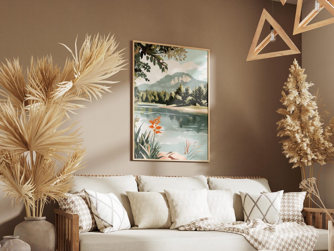 Calm Green River Flowing Past Bright Orange Wildflowers Poster - Image 3