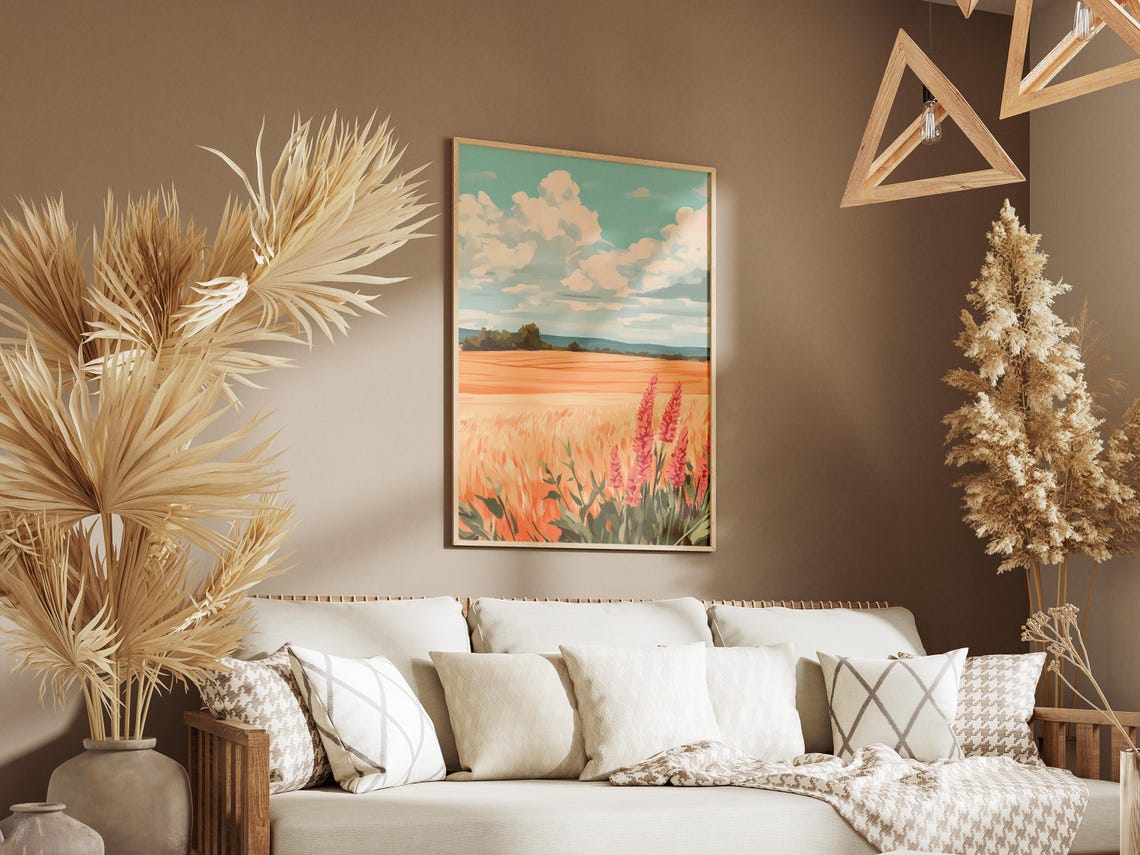 Golden Wheat Field With Pink Wildflowers Under Summer Sky Poster - Image 3