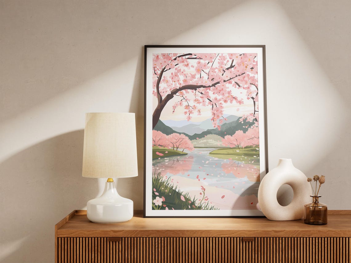 Pink Cherry Blossoms Over a Calm River Poster Mountain Spring View - Image 5