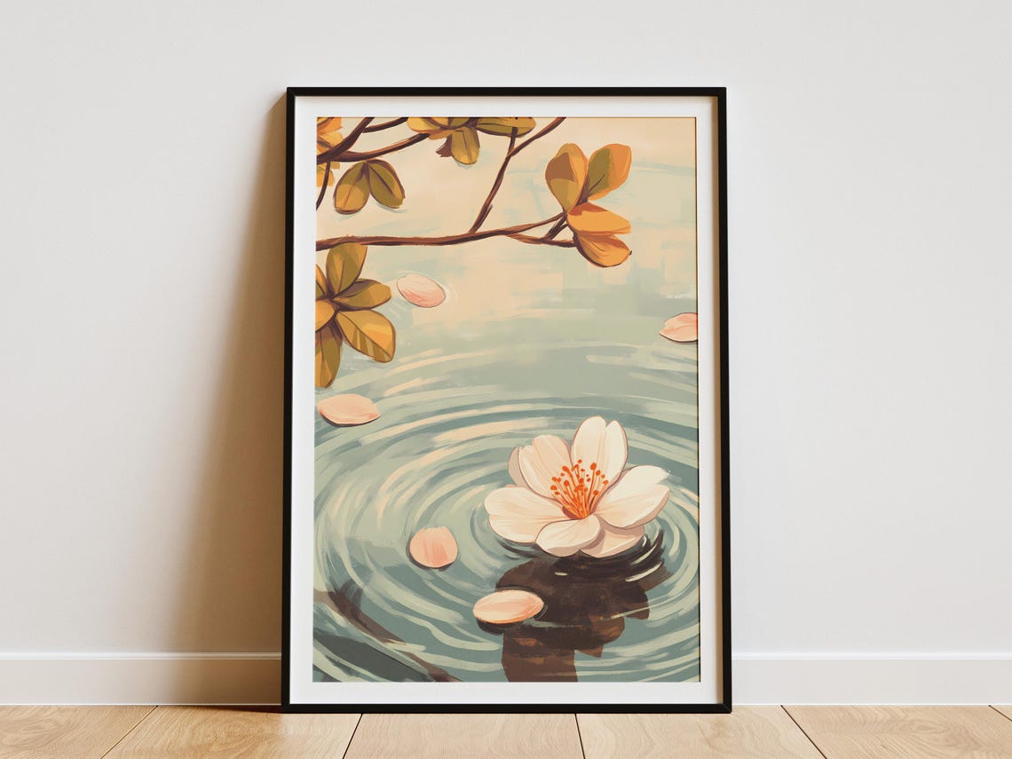 Cherry Blossom Floating on Rippling Water Zen Art Style Poster