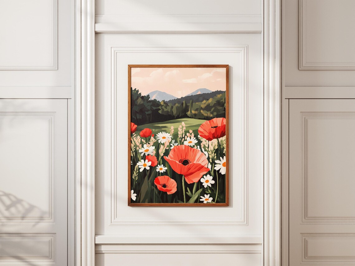 Red Poppy And White Daisy Summer Meadow Floral Botanical Wall Art - Image 2