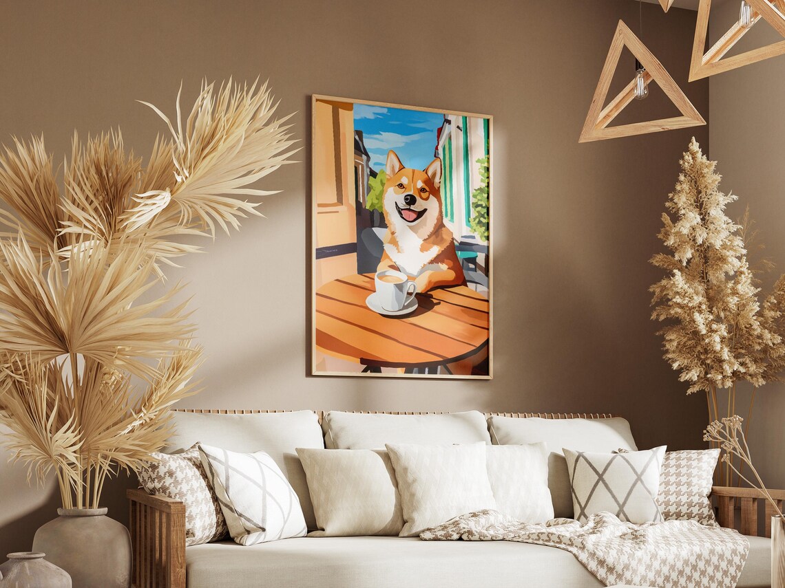 Happy Shiba Inu Dog Grinning With Coffee Sunny Cafe Art Poster - Image 3
