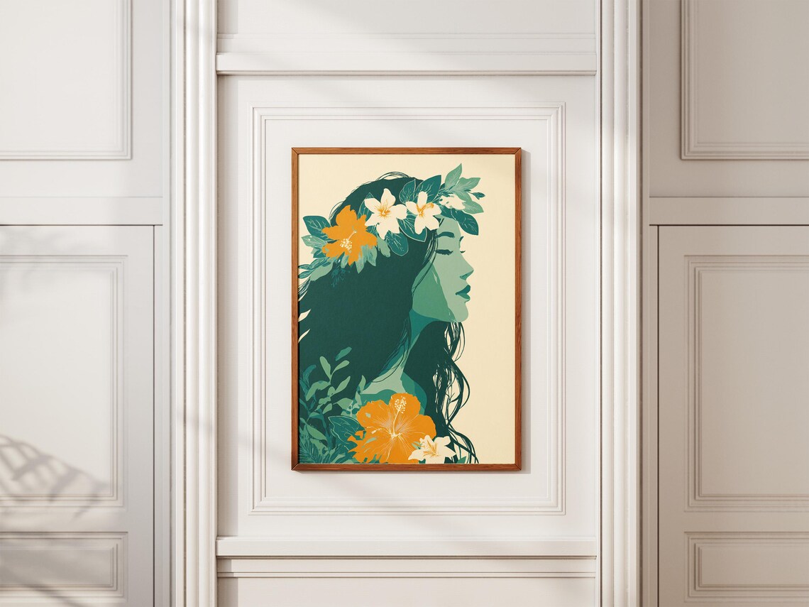 Tropical Woman Profile with Hibiscus Flowers Boho Art Poster - Image 2