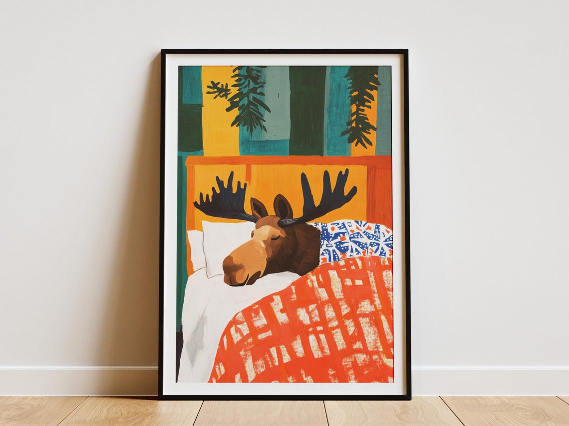 Whimsical Moose Sleeping In Bed, Matisse-Style Art Print