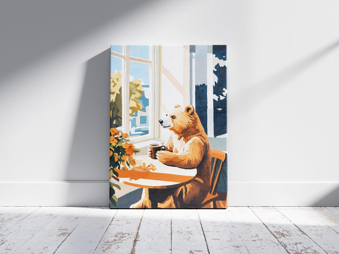 Friendly Bear Sipping Coffee by a Sunny Window with Marigolds Poster - Image 2