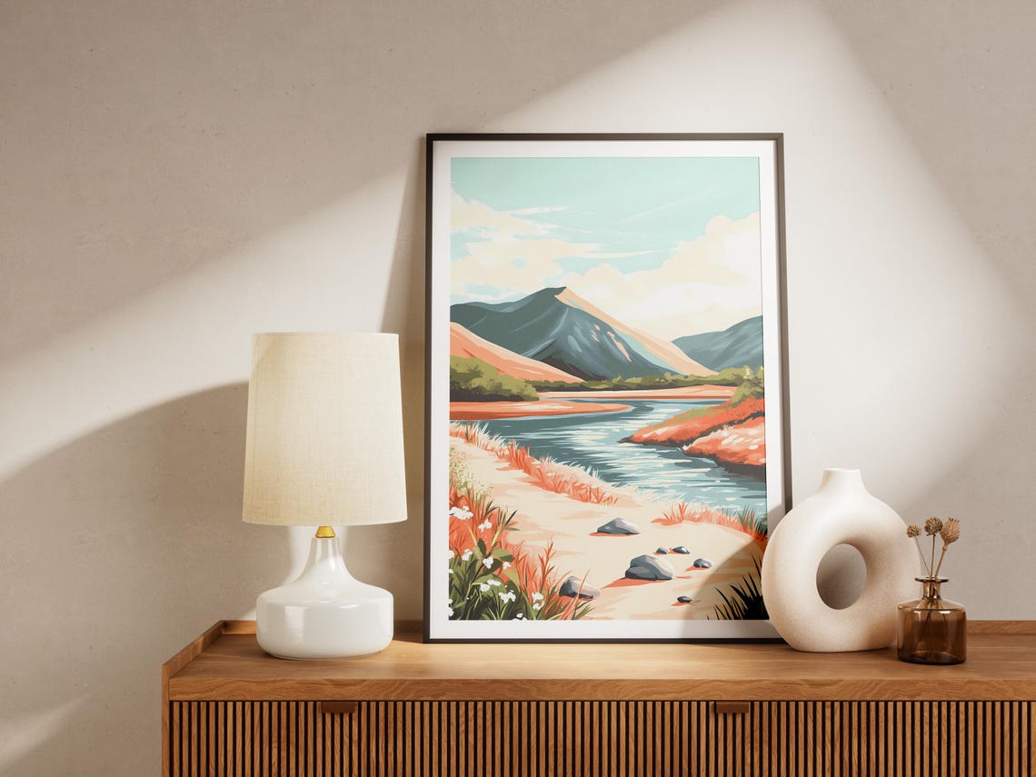 Spring River Valley With Mountains Wildflowers Nature Art Poster - Image 4