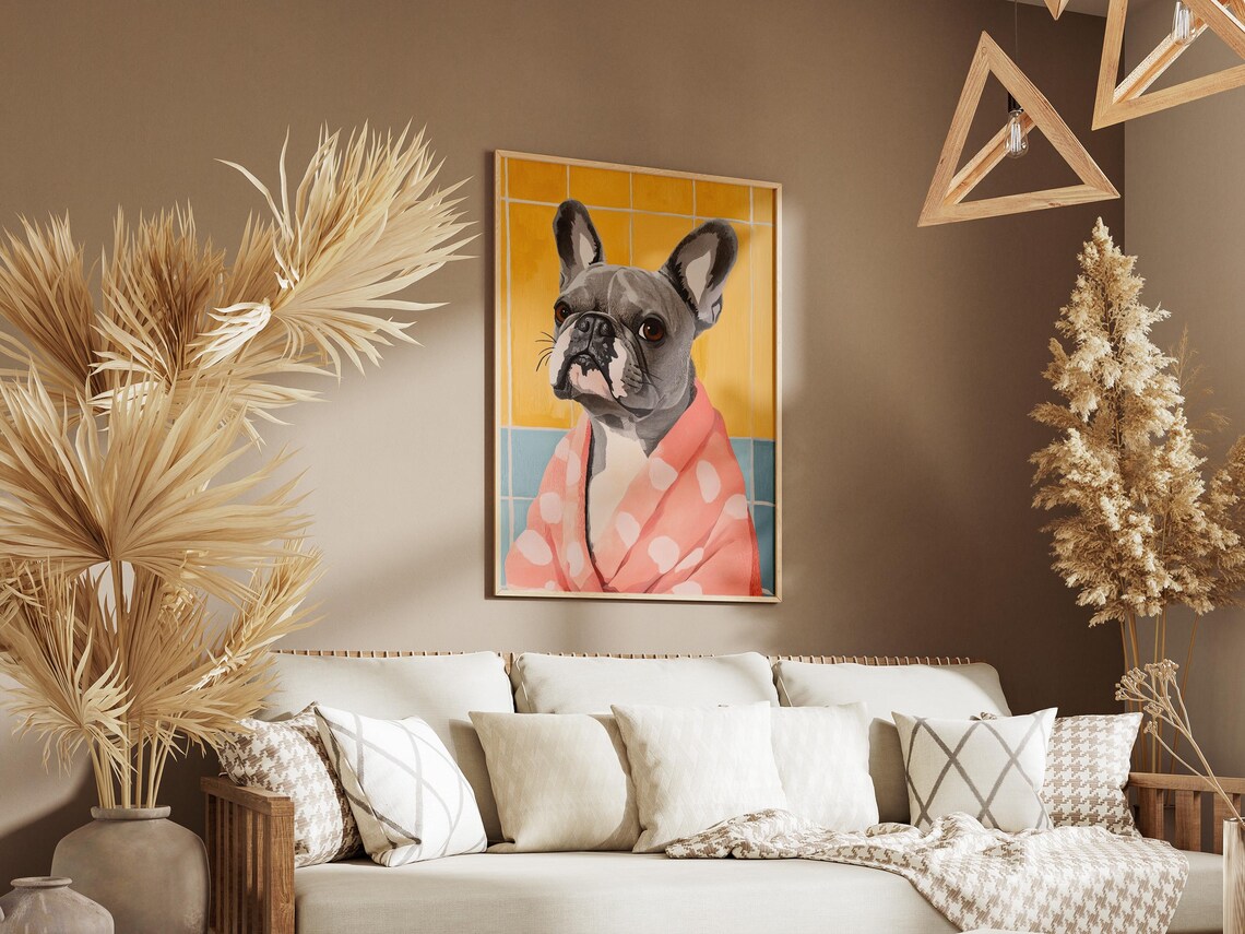 Adorable French Bulldog In Coral Polka Dot Bathrobe Dog Poster - Image 3