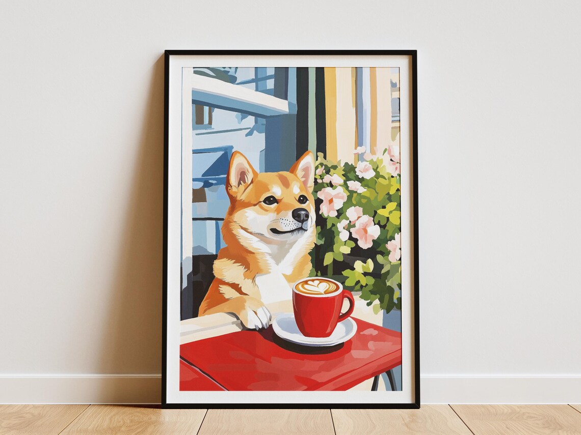 Shiba Inu Dog With Red Latte Cup Floral Cafe Table Art Poster