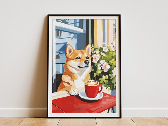 Shiba Inu Dog With Red Latte Cup Floral Cafe Table Art Poster