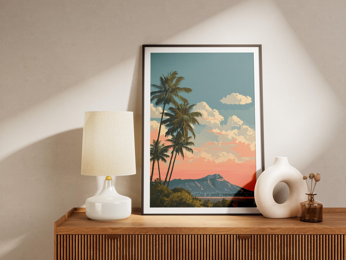 Diamond Head Crater Palm Trees Sunset Hawaii Vintage Travel Poster - Image 4