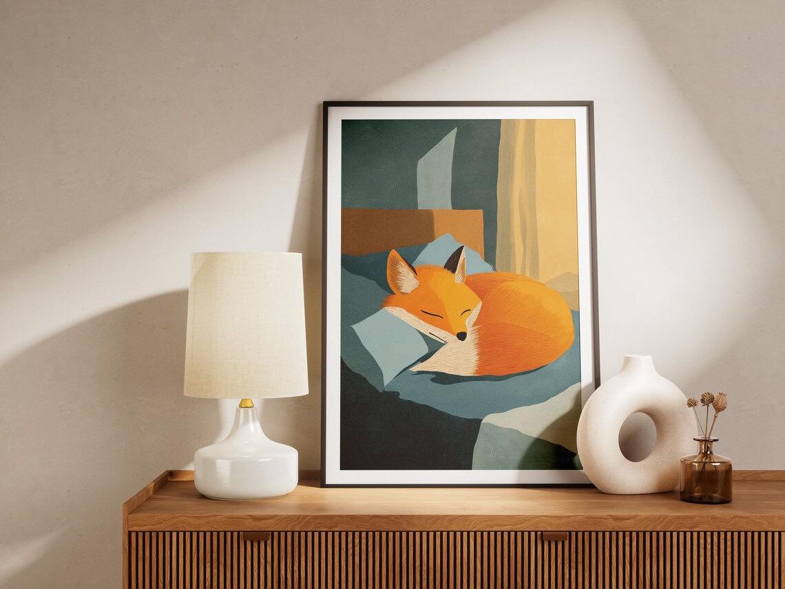 Orange Fox Curled Up Sleeping on a Blue Pillow in Teal Tones Art Poster - Image 4