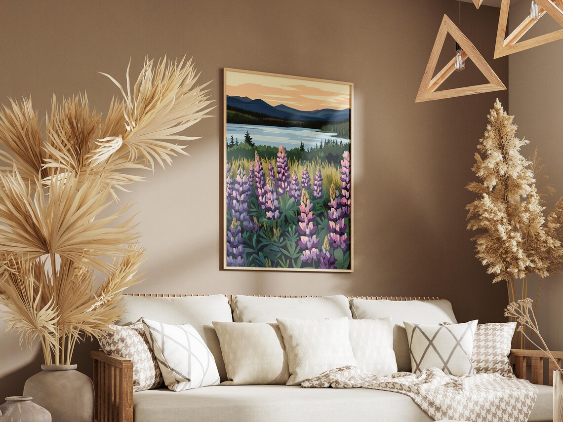 Purple Lupine Flower Field Lake Mountain Sunset Landscape Poster - Image 3