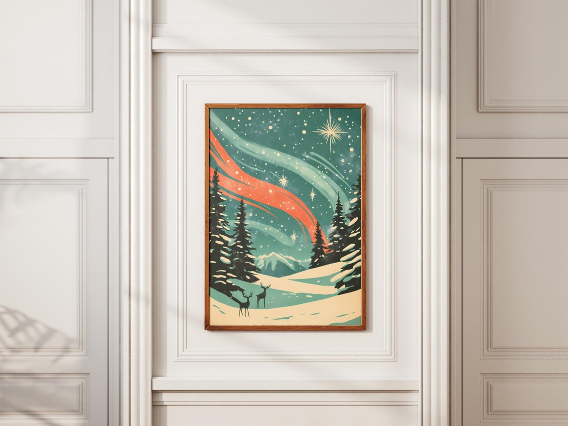Aurora Borealis Christmas Night Snowy Deer Forest Scene Poster - Image 2