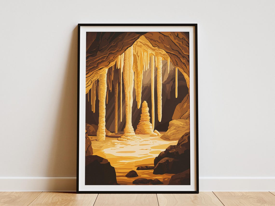 Golden Cave Stalactites Underground Cavern Exploration Poster