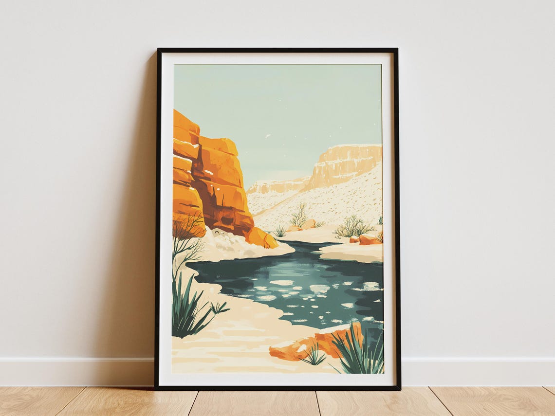 Desert Canyon River with Red Cliffs and Turquoise Water Poster