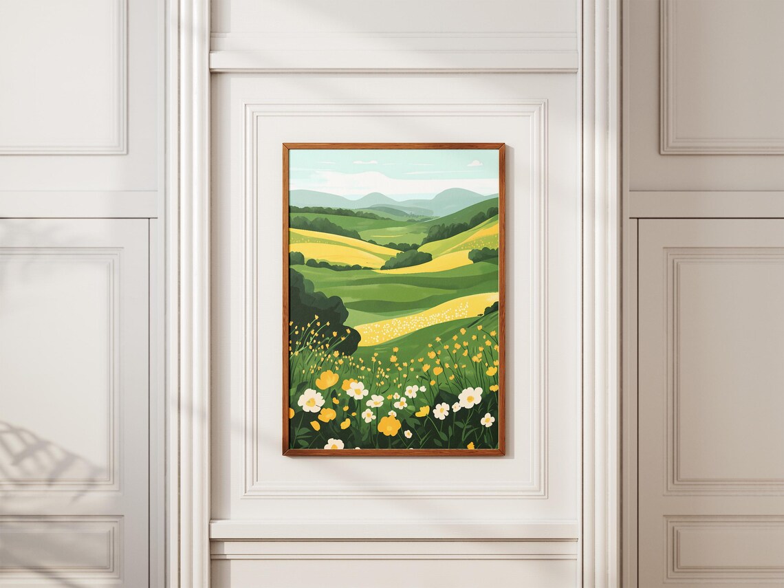 Buttercup Meadow On Rolling Green Hills Spring Scenic Poster - Image 2