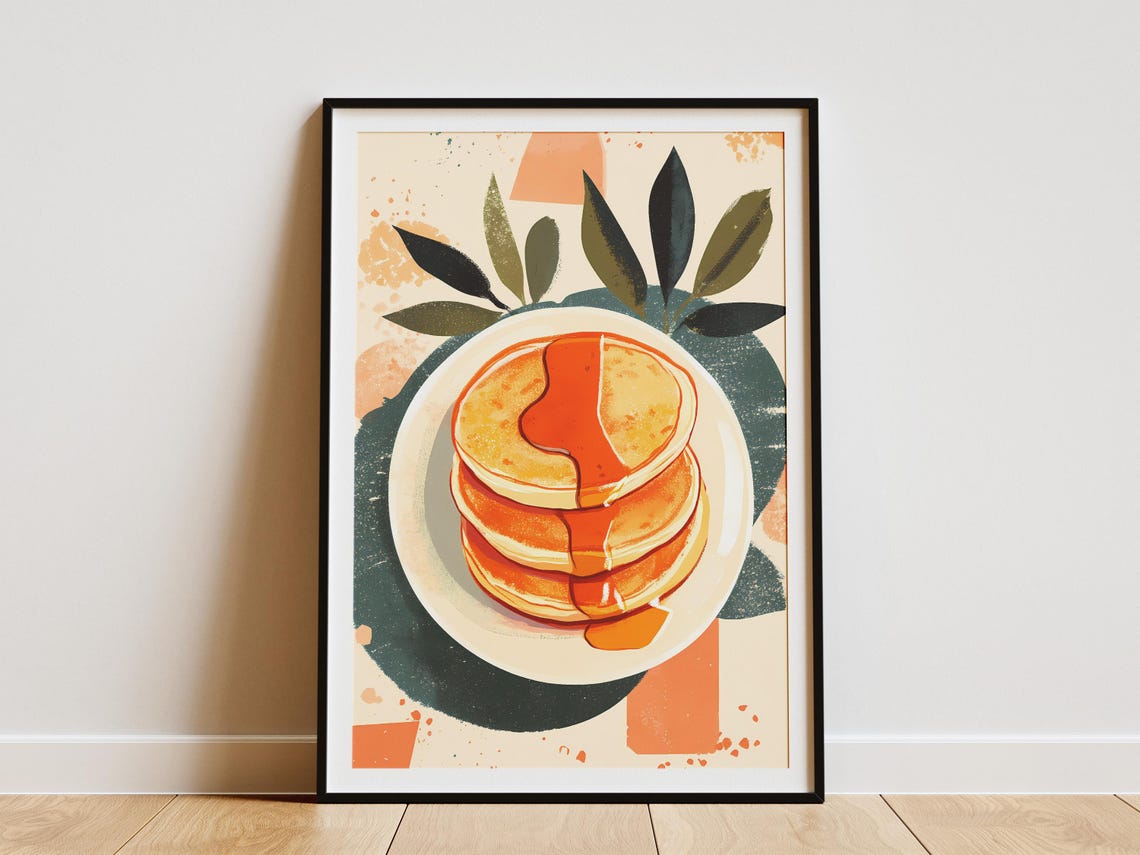 Stacked Pancakes with Syrup Retro Botanical Breakfast Poster