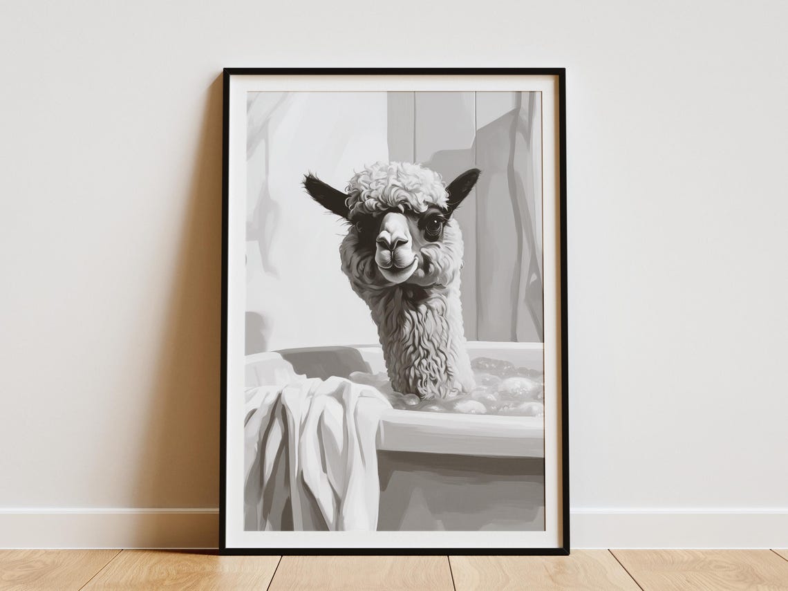 Alpaca Bathtub Poster Animal Art Print Funny Bathroom Decor Whimsical Wall Cute Minimalist Home