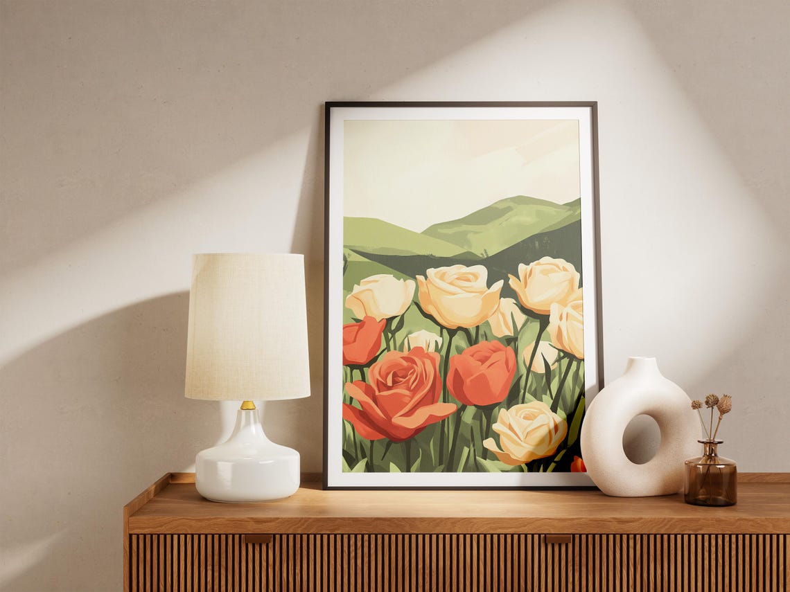 Orange And Cream Roses Over Green Hills Floral Artwork Poster - Image 5