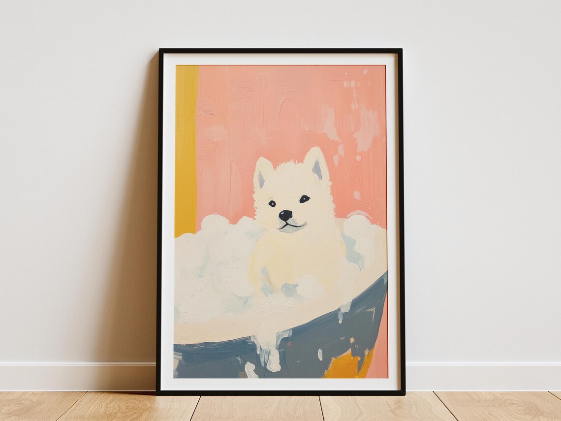 Sweet Cute White Fluffy Puppy Bubble Bath Pink Nursery Poster
