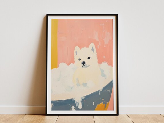 Sweet Cute White Fluffy Puppy Bubble Bath Pink Nursery Poster