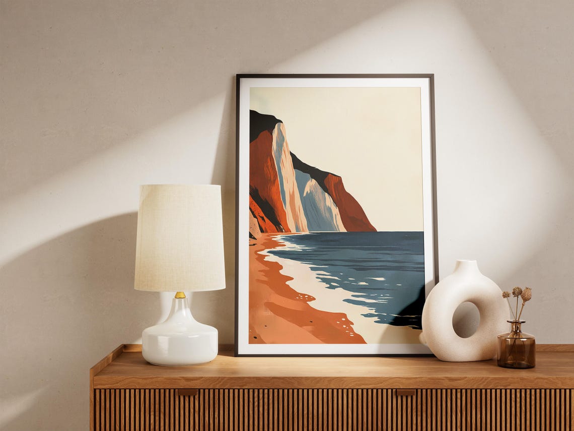 Rust Orange Coastal Cliffs with Sandy Beach and Blue Sea Poster - Image 5