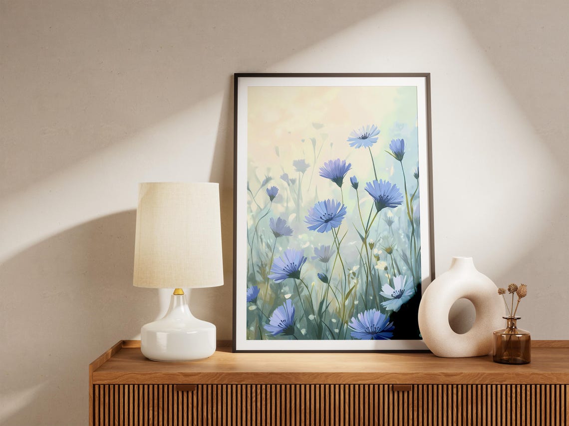 Blue Chicory Meadow Flowers Poster in Soft Misty Morning Light - Image 5