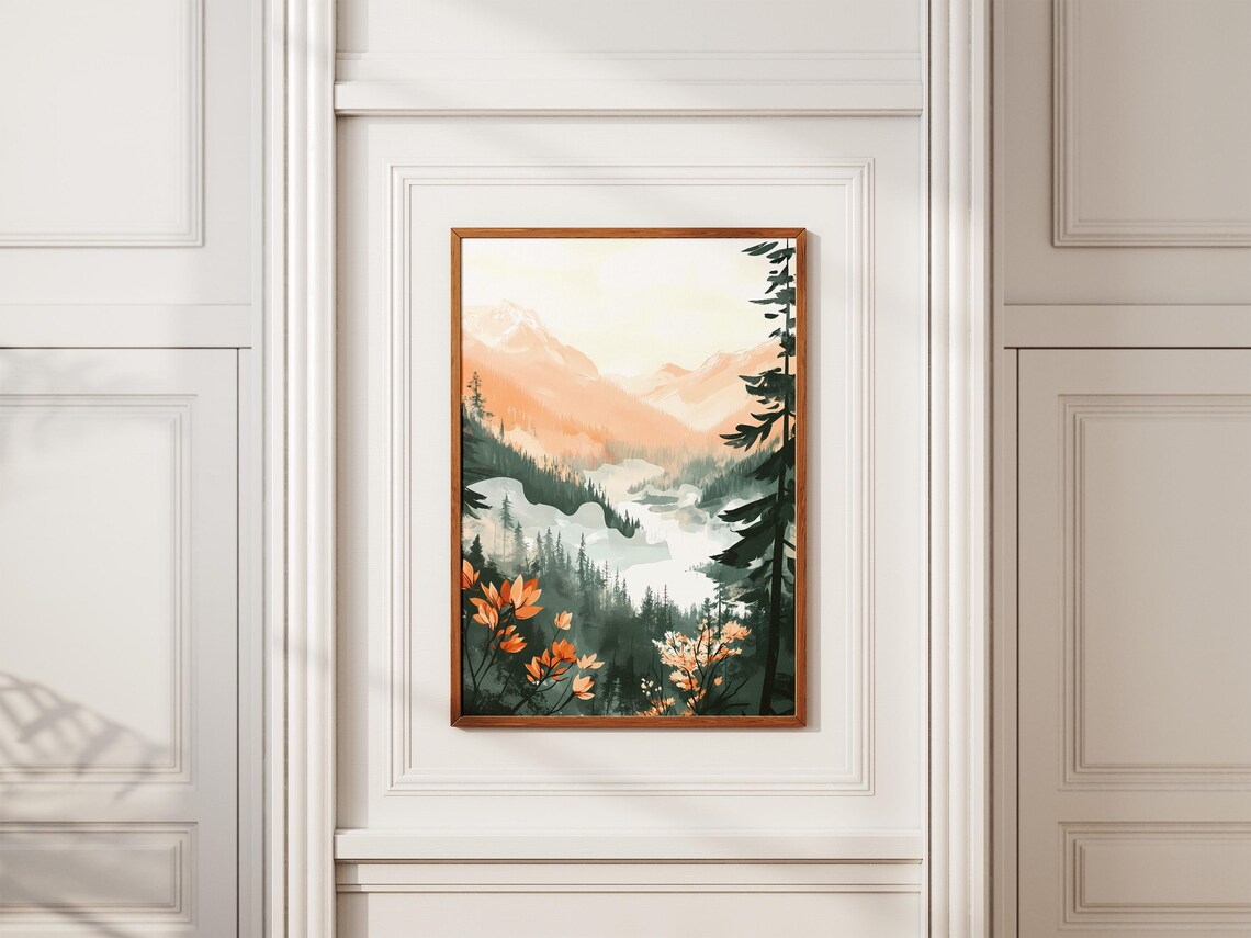 Misty Mountain Valley Fog Sunrise Watercolor Landscape Art Poster - Image 2