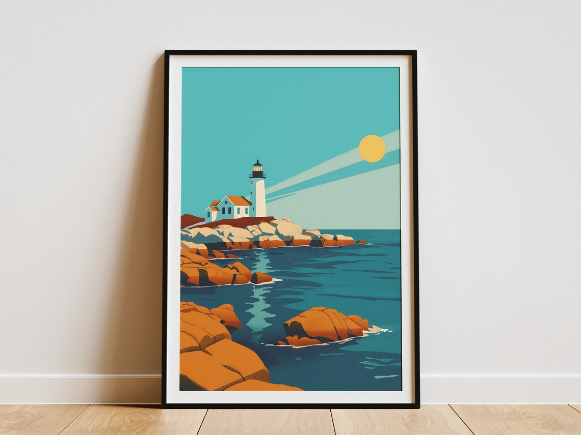 White Lighthouse on Rocky Turquoise Coast Retro Travel Poster