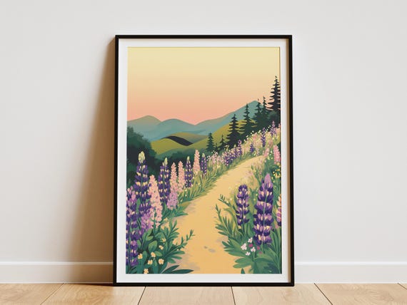 Lupine Flower Field Trail Path Landscape Poster Print Botanical Art Nature Wall Decor Home Sunset Meadow Walk