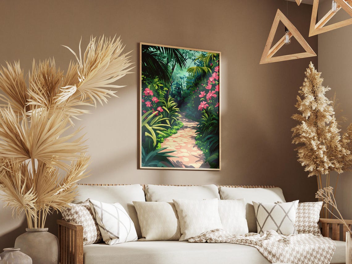 Pink Hibiscus Jungle Path Poster in a Tropical Green Paradise Scene - Image 3