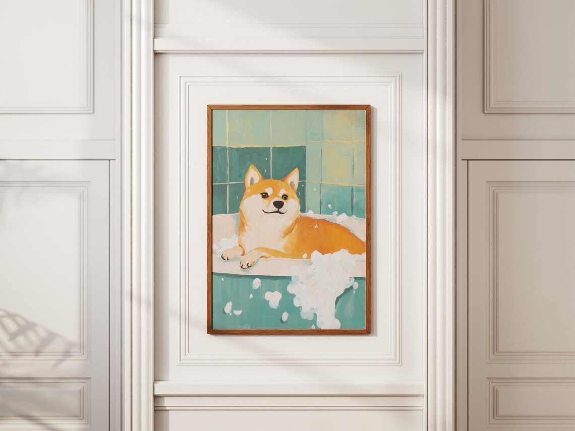 Happy Shiba Inu Bubble Bath Sage Green Tile Painterly Dog Poster - Image 2