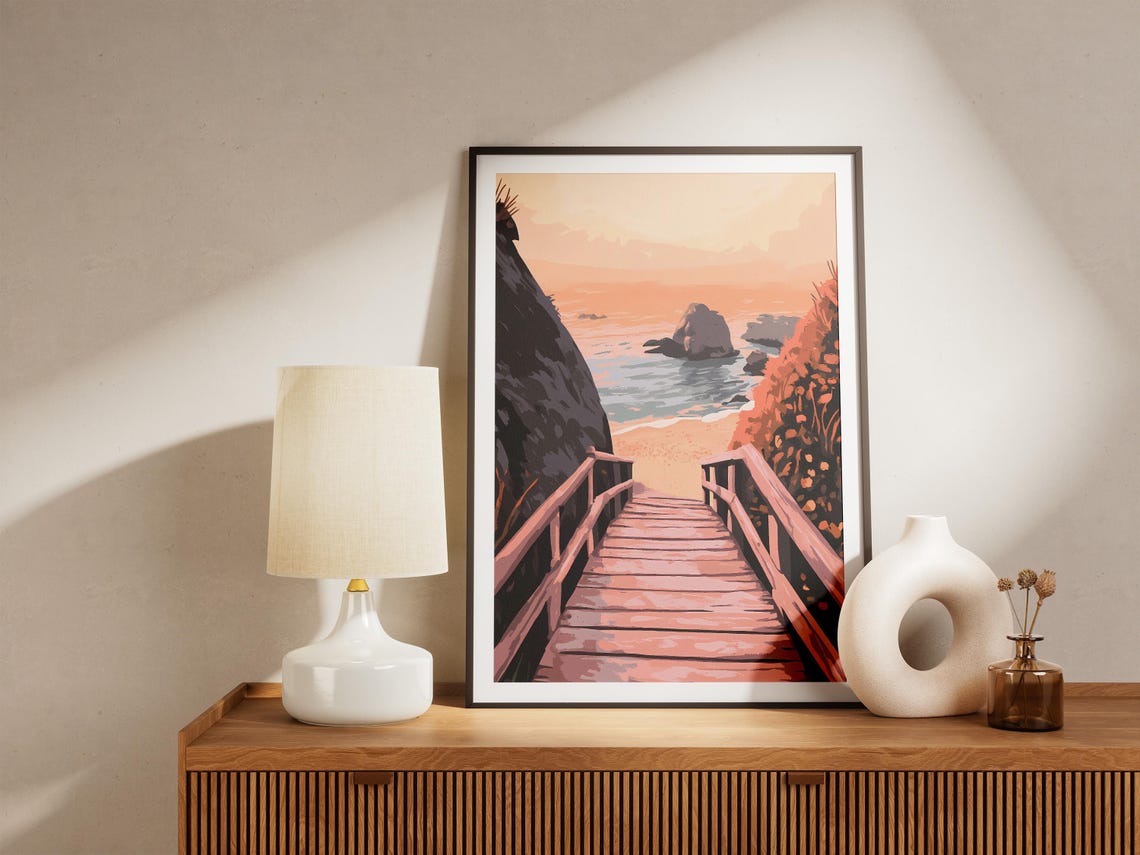 Pink Sunset Wooden Boardwalk Stairway Down to the Ocean Poster - Image 5