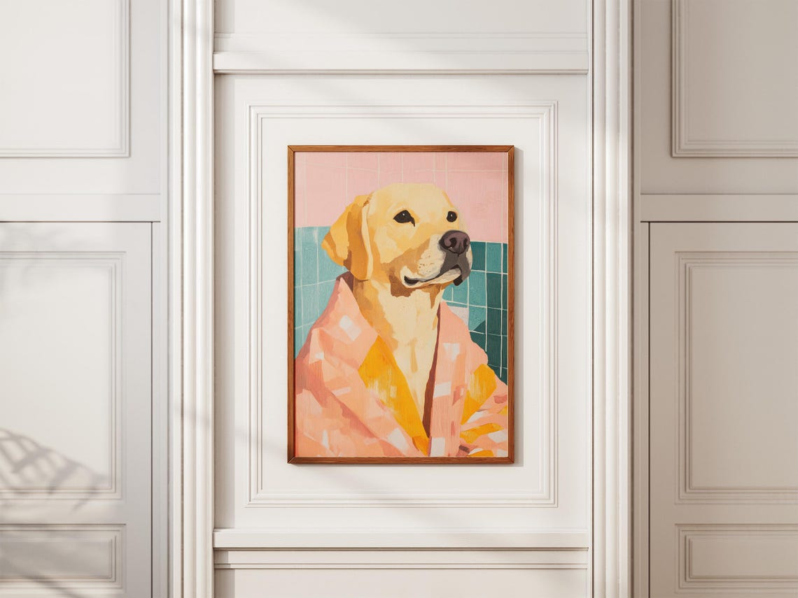 Yellow Labrador Retriever Pink Bathrobe Pastel Bath Art Poster - Image 2