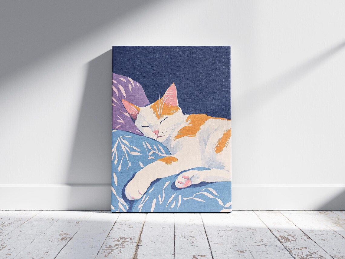White and Orange Cat Sleeping on Blue Pillow Night Art Poster - Image 2