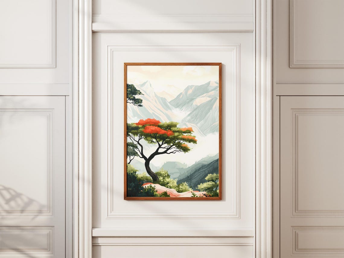 Red Blossom Tree Standing Before Misty Mountain Peaks Poster - Image 2